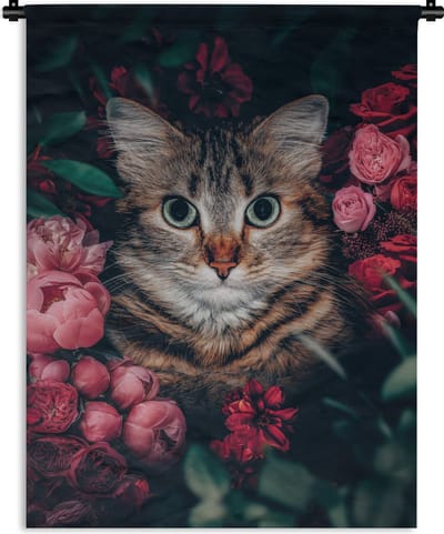 Wandkleed - Wanddoek - Kat - Bloemen - Dieren - Botanisch - 90x120 cm - Wandtapijt