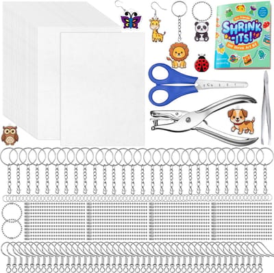 190-Delig Krimpfolie Knutselpakket - 15 Krimp Folie Vellen 15*11cm met Oorbel Haakjes/Karabijnhaak Sleutelringen/Gaatjestang/Hangers - Krimpie Dinkie Dimpie DIY Knutselen Pakket voor Jongens/Meisjes - Sieraden/Oorbellen/Sleutelhangers Armbandje Maken