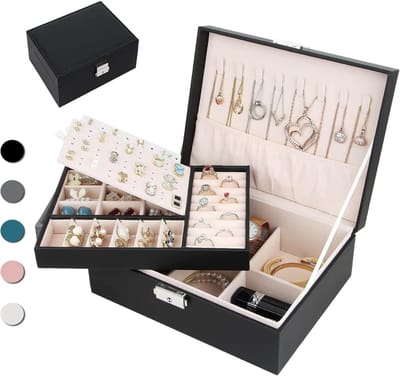 Grote 2-laagse sieradenopbergdoos voor vrouwen en meisjes, ideaal voor kettingen, ringen en armbanden, zwart