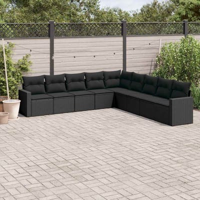 vidaXL - 9-delige - Loungeset - met - kussens - poly - rattan - zwart