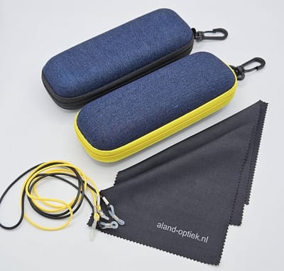 2 halfharde brillenkokers + 2 brillenkoordjes + 2 brillendoekjes / denim brillenkoker met rits / zwart / gele / set van 2 brillendozen / cadeau / boîte de rangement / hard jeans koker / brillenetui / brillenkoker dames heren kind / Aland optiek