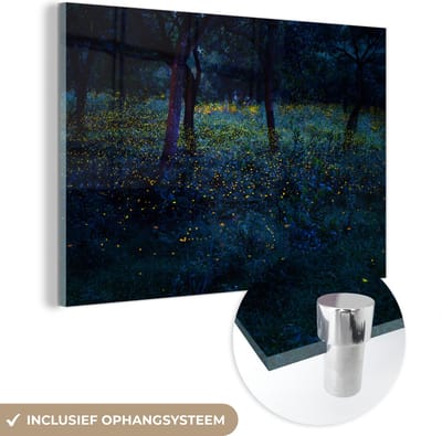® Glasschilderij 180x120 cm - Schilderij acrylglas - Prachtige vuurvliegjes klaren de mooie groene bossen van Thailand - Foto op glas - Muurdecoratie woonkamer - Wanddecoratie slaapkamer - Schilderijen