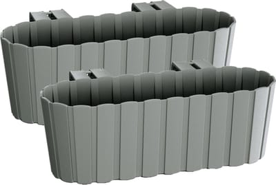 Balkon plantenbak/bloembak - Set van 2x stuks - met haken - kunststof - rechthoekige - grijs - 38 cm - Tuin/balkon decoraties