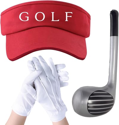 Set van 3 Golfaccessoires: Opblaasbare Golfclub van 76 cm, Zonnehoed en Witte Handschoenen voor Volwassenen en Kinderen, Perfect voor Feestjes en Carnaval