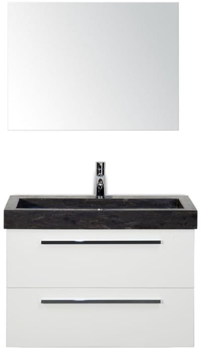 Seville Badmeubelset 80 cm - Wit Hoogglans - Wastafel Hardsteen Wit Lucca met Spiegel