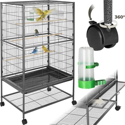 tectake® Vogelkooi - 78 x 52 x 131 cm - Vogelkooien voor Binnen - Met Standaard op Wielen - Voor Vogels, Parkiet, Kanarie - Volière met 3 Zitstokken, Zandlade en Waterbak