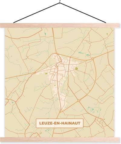 Posterhanger incl. Poster 40x40 cm - Schoolplaat - Leuze-en-Hainaut - Kaart - Plattegrond - Stadskaart - Vintage - Textielposter - Blanke latten - Stadskaart