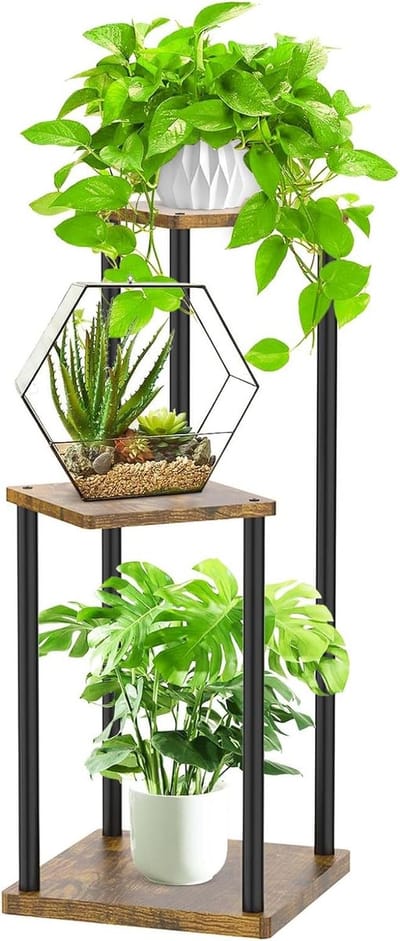 Metalen plantenstandaard met 3 etages, voor binnen, houten plantenstandaard, modern, bloemenrek, display-rek voor woonkamer, slaapkamer, outdoor, balkon, tuin, terras, zwart
