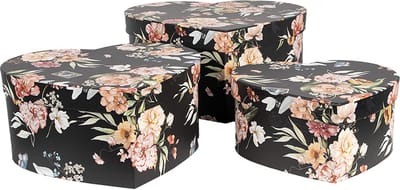 Clayre & Eef Opbergdoos Set van 3 28x26x14/24x23x12/21x20x10 cm Zwart Karton Bloemen
