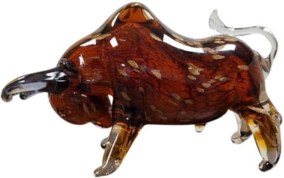 Dierenbeeld stier van murano glas - 24x8x14 cm - handgemaakt amber en goud - murano glas stier, glazen stierenbeeld, murano dierenbeeld stier, handgemaakt glas stier, multicolor glasbeeld, glazen dierfiguur