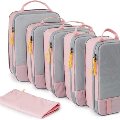 Famanu – Compressie packing cubes – Comprimeerbare set met waszak – Reisorganizer voor kleding en wasgoed – Roze