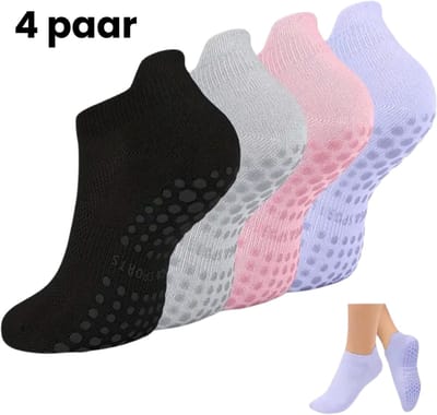 Anti-Slip Yoga & Pilates Sokken Dames - Set van 4 Paar - Roze, Paars, Grijs en Zwart - Yogasokken met Gripzool - Ademend & Comfortabel - Perfecte Grip bij Yoga, Pilates, Ballet, Barre & Dans - Antislip Sportsokken voor Dames