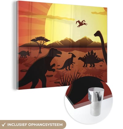 MuchoWow® Glasschilderij 160x120 cm - Schilderij acrylglas - Dino - Zon - Natuur - Tekening - Kinderen - Jongens - Foto op glas - Schilderijen