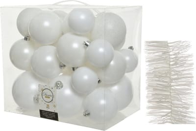 Kerstversiering kunststof kerstballen 6-8-10 cm met folieslingers pakket winter wit van 28x stuks - Kerstboomversiering