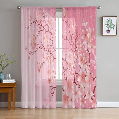 Roze Kersenbloesem Bloemen Vlinder Transparante Gordijnen voor Woonkamer Decoratie Raamgordijnen Keuken Tule Voile Gordijnen W135 x H115cm x1 pink