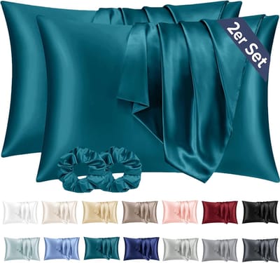 Famanu - Satijnen kussenslopen 40x60 cm turkoois set 2, zijdeachtig zacht voor haar en huid, envelopsluiting met 2 haarbandjes