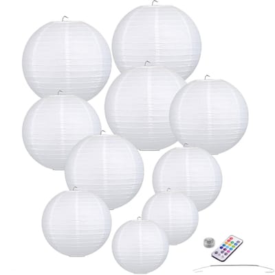 10 x Papieren lampion Wit - BRANDWEREND - incl LED met afstandsbediening incl ophang veerhaakjes