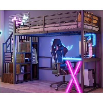 ModernLuxe Hoogslaper 90x200cm met LED - bureau + kledingkast + opbergladder - Zwart