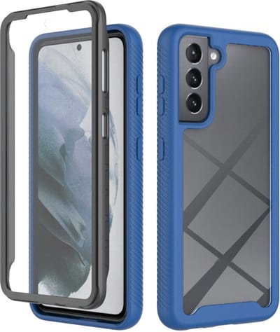 Hoesje Geschikt voor Samsung Galaxy S21 FE | Met ingebouwde screenprotector | Full Protect valbescherming | Doorzichtig / Blauw