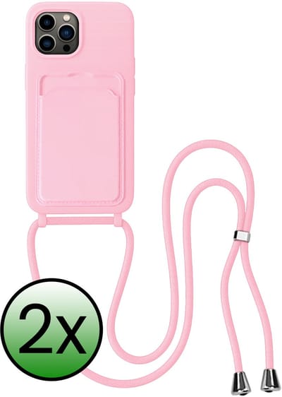 Hoes Geschikt voor iPhone 13 Pro Hoesje Pas Houder Case Hoes Met Koord - Hoesje Geschikt voor iPhone 13 Pro Hoes Met Telefoonkoord Pasjeshouder Cover - Lichtroze - 2 Stuks