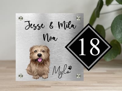 Naambordje voordeur hond norfolk terrier 20x28 cm met huisnummer rvs look en zwart