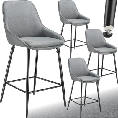 tectake® - Set van 4 Barkrukken Siera - Gestoffeerde Barkruk met rugleuning - Barstoelen - Barstoel met voetensteun - Eetkamerstoel met stoffen bekleding en zachte schuimvulling - Stevige stalen poten met antislip vloerbescherming - Grijs/Zwart