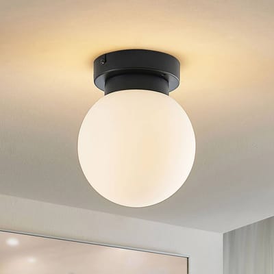 Lindby - Plafondlamp badkamer - 1licht - Staal, glas - H: 18 cm - E14 - zwart mat