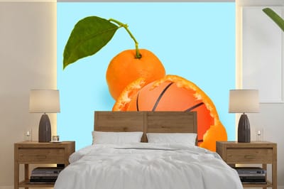 Foto behang - 240x240 cm - Basketbal - Sinaasappel - Fruit - Oranje - Blad - Fotobehang - Behang