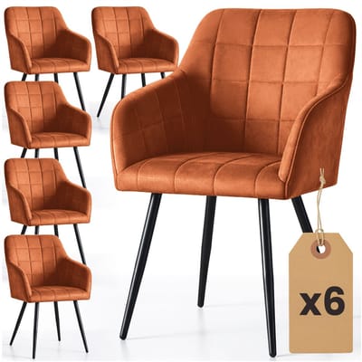 Set van 6 Eetkamerstoelen LUXANO met Armleuningen / Gestoffeerde Stoelen / Fluwelen Stoelen en Metalen Poten / Koperkleur met zwarte benen