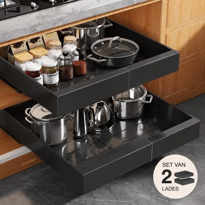 2 Stuks Joyage Schuiflades keukenkast Organizer – Verstelbaar 32-52 cm – Zonder boren - Keukenkast Lades – Zwart - Keuken Organizers - Kitchen Organizer - Lade Organizer Kast - Under sink Organizer - Gootsteenkast Organizer - Badkamer organizer