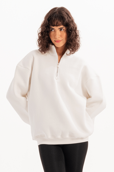 JUSTEVER Oversized Fit Opstaande Kraag Semi-Zippered Verhoogde Ecru Dames Sweatshirt - Cass
