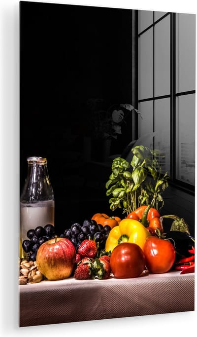 MuchoWow® Glasschilderij 120x180 cm - Schilderij acrylglas - Stilleven - Eten - Drinken - Fruit - Zwart - Foto op glas - Muurdecoratie woonkamer - Wanddecoratie slaapkamer - Schilderijen