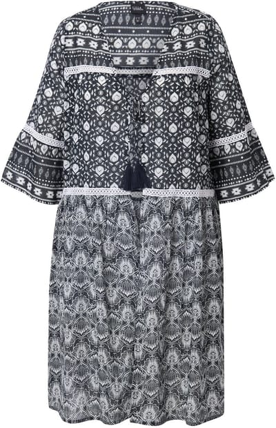 Ulla Popken - Dames - Lange jas patroonmix V-hals 3/4-klokmouwen - Marine - Maat 42+