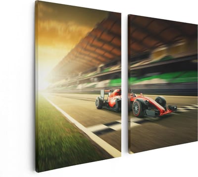 Artaza Canvas Schilderij Tweeluik Formule 1 Auto bij de Finish in het Rood - 80x60 - Foto Op Canvas - Canvas Print