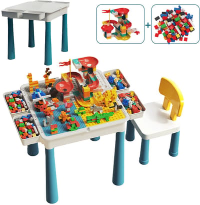 Kindertafel Met 1 Stoel + 4 Bakjes + 410 Bouwstenen - 2-in-1 Bouwtafel & Leertafel - Speeltafel Geschikt voor Lego® & Duplo® blokken - Blokken Tafel Kinderen - zandtafel - watertafel - Ideaal Cadeau voor Kerst & Verjaardagen - Groen