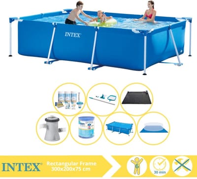Intex Rechthoekig Frame Zwembad - 300 x 200 x 75 cm - Blauw - Inclusief Solarzeil - Onderhoudspakket - Zwembadfilterpomp - Filter - Grondzeil - Schoonmaakset - Solar Mat - 8-delig