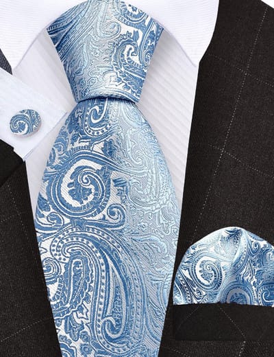 Sorprese Stropdas met Pochet en Manchetknopen - Paisley Staalblauw - 8cm - 100% Zijde - Pochette - Kerst - Cadeau