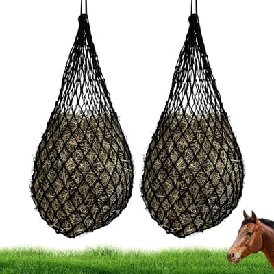 Set van 2 Hooinetten voor Paarden, Fijn Gaas met Karabijnhaak, 5 x 5 cm, Diervriendelijke Voeding ter Verbetering van de Spijsvertering en Gezondheid