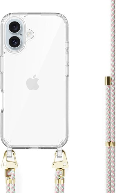 xoxo Wildhearts siliconen hoesje - Geschikt voor iPhone 16 - Aqua Pink - Telefoonhoesje - Hoesje met koord - telefoonkoord - Transparant hoesje - In lengte verstelbaar - Lichtblauw met roze koord