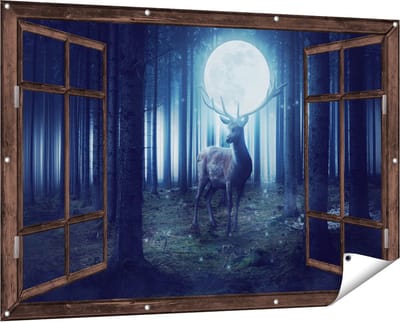Gards Tuinposter Doorkijk Hert in het Bos tijdens Volle Maan - 150x100 cm - Tuindoek - Tuindecoratie - Wanddecoratie buiten - Tuinschilderij