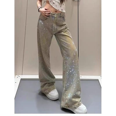 Design-sensuele Diamanten Jeans voor Dames Zomer Nieuwe Stijl, Gepersonaliseerde Sterrenhemel Niche Rechte Broek M gray