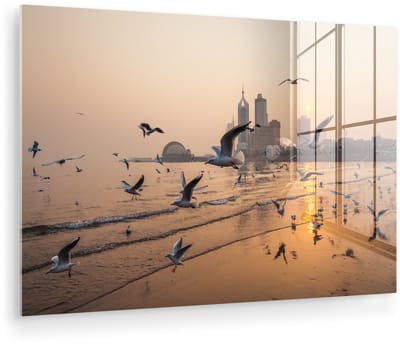 ® Glasschilderij 180x120 cm - Schilderij acrylglas - Zeemeeuwen op het strand van Qingdao in China - Foto op glas - Muurdecoratie woonkamer - Wanddecoratie slaapkamer - Schilderijen