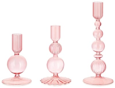 longziming -Kerzenhouders - Borosilicaatglas - Handgeblazen Vintage Design Met Streepjes / Brede Basis - 3 Stuks - Tafeldecoratie Roze