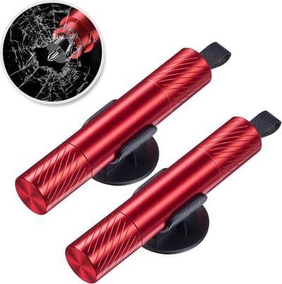 Veiligheidshamer - Noodhamer met gordelsnijder - Noodhamer Auto - 2 in 1 Harnas Snijder & Glasbreker - Inclusief Testglas & Zelfklevende Houder - Veiligheid - Rood - 2 stuks