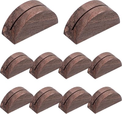 Naamkaartjeshouders - Set van 10 - Houten tafelkaartjeshouders - 4 x 1,5 x 2 cm - Voor bruiloften, banketten en restaurants - Handgemaakte berichtkaartjes - Tafelnummerkaartjes, naamkaartjes, menukaarten, decoratieve standaards - Halfrond - Bruin