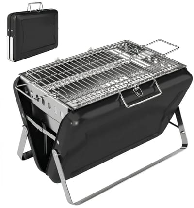 Premie Houtskool Barbecue - Smoker Barbecue - Barbecuegrill - Grillwagen - Houtskoolgrill - Houtskoolgrill met Grillrooster, Handvat en Inklapbare Poten - BBQ voor buiten, tuin & kamperen - 40x28x25,5 cm - Zwart