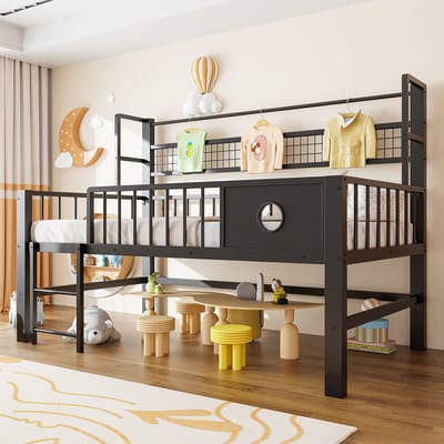Halfhoogslaper - 90x200 cm - met Opbergvakken - voor Kinderen en Tieners - Metaal - Zwart