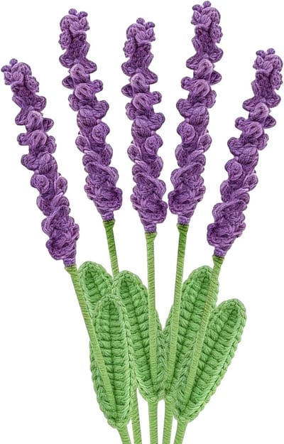 Gehaakte bloemen in lavendel, set van 5 stuks, handgemaakt, 40 cm, perfect voor Moederdag, Valentijnsdag en verjaardagen, decoratie voor elke gelegenheid