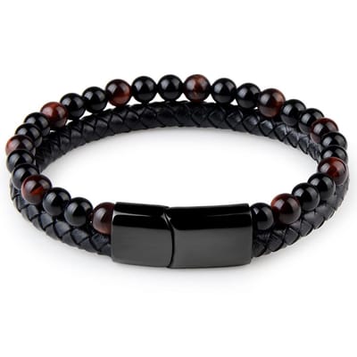 Victorious Leren Natuurstenen Armband Heren – Zwart Leer en Granaat Natuurstenen – Zwart/Rood – 18.5cm