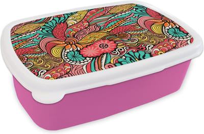 Broodtrommel Roze - Lunchbox - Brooddoos - Bohemian - Patronen - Bloemen - 18x12x6 cm - Kinderen - Meisje